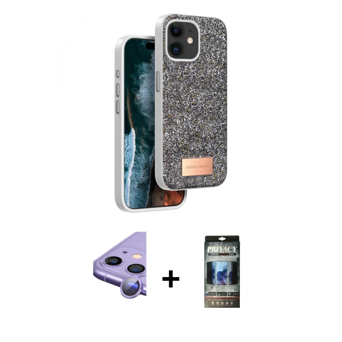 MARSİLYAN™- iPhone 11 Kılıf Vadi Klasik Serisi - Siyah 34D Hayalet Izgaralı Cam + Raze Metal Kamera Lens - MR