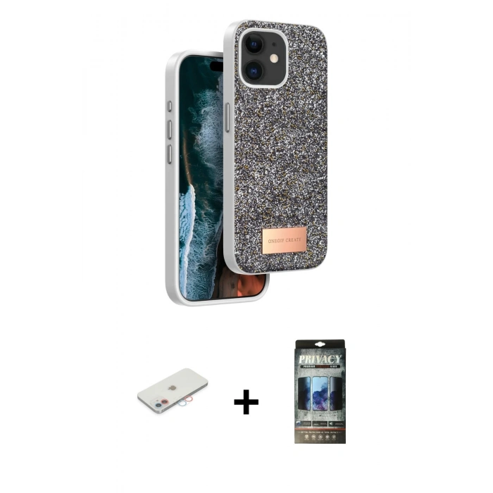 MARSİLYAN™- iPhone 11 Kılıf Vadi Klasik Serisi - Siyah 34D Hayalet Izgaralı Cam + Renkli Kamera Lens Koruma Cam - PE