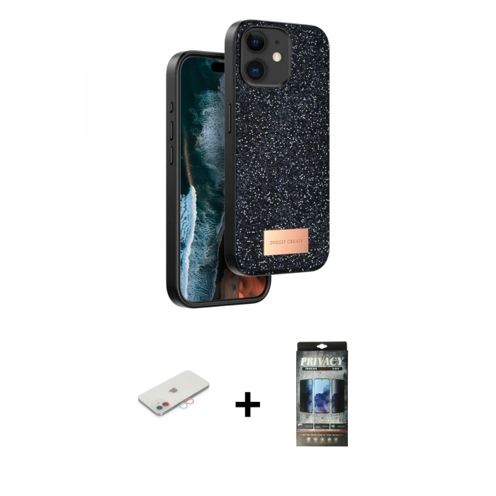 MARSİLYAN™- iPhone 11 Kılıf Vadi Klasik Serisi - Siyah 34D Hayalet Izgaralı Cam + Renkli Kamera Lens Koruma Cam - PE