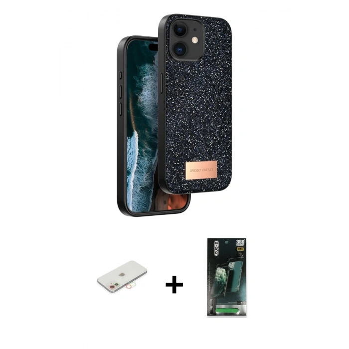 MARSİLYAN™- iPhone 11 Kılıf Vadi Klasik Serisi - Siyah 360 Mat Full Body Arka Koruyucu + Renkli Kamera Lens Koruma Cam - YL