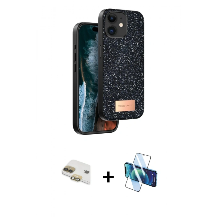 MARSİLYAN™- iPhone 11 Kılıf Vadi Klasik Serisi - Siyah 3D Antistatik Cam Ekran Koruyucu + Pers Alüminyum Kamera Lens - GD