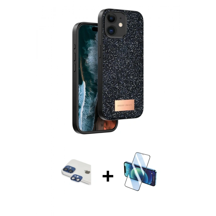 MARSİLYAN™- iPhone 11 Kılıf Vadi Klasik Serisi - Siyah 3D Antistatik Cam Ekran Koruyucu + Pers Alüminyum Kamera Lens - LT