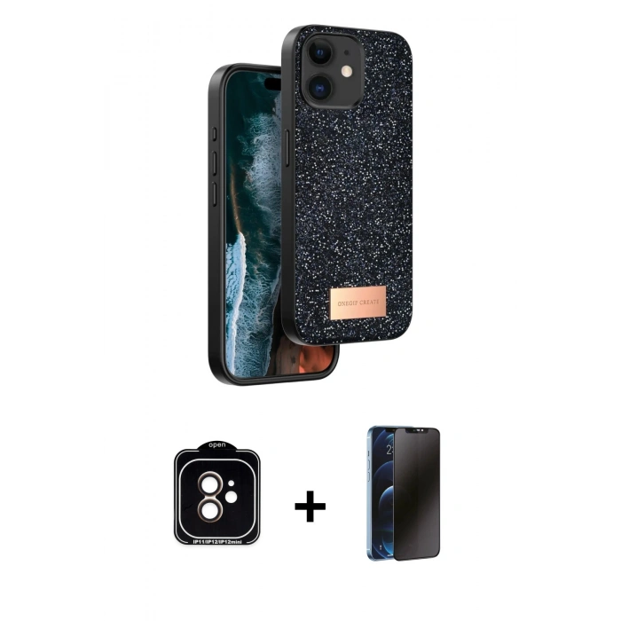 MARSİLYAN™- iPhone 11 Kılıf Vadi Klasik Serisi - Siyah 3D Antistatik Hayalet Cam Ekran Koruyucu + PVD Metal Kamera Lens - TU