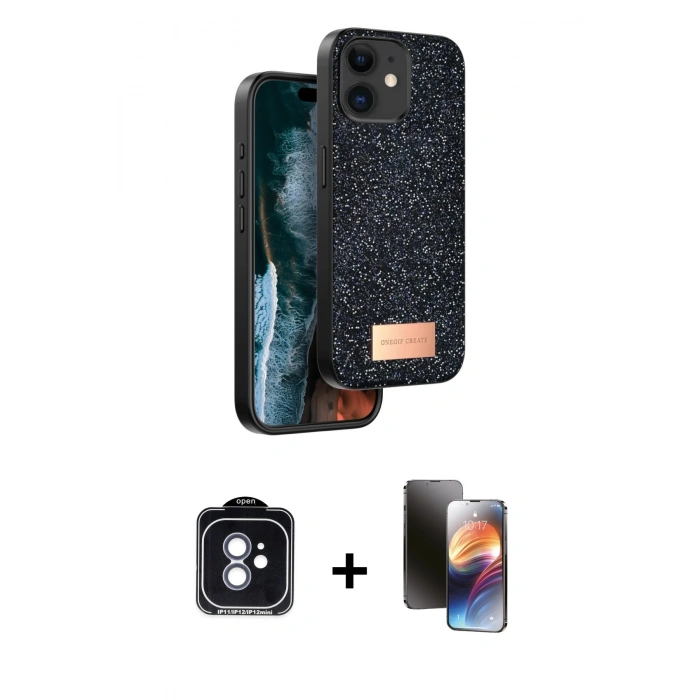 MARSİLYAN™- iPhone 11 Kılıf Vadi Klasik Serisi - Siyah 3D Antistatik Mat Seramik Nano Ekran Koruyucu + PVD Metal Kamera Lens - MI