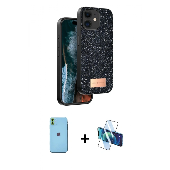 MARSİLYAN™- iPhone 11 Kılıf Vadi Klasik Serisi - Siyah 3D Antistatik Seramik Nano Ekran Koruyucu + Neon Fosforlu Kamera Lens - YL