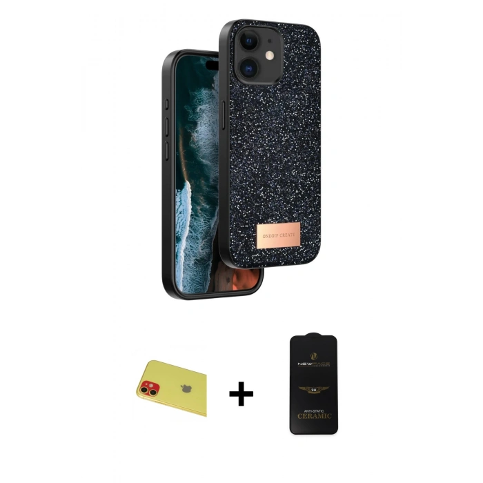 MARSİLYAN™- iPhone 11 Kılıf Vadi Klasik Serisi - Siyah 6D Antistatik Mat Seramik Hayalet Nano Ekran Koruyucu + Rainbow Kamera Lens Koruma Cam - KI