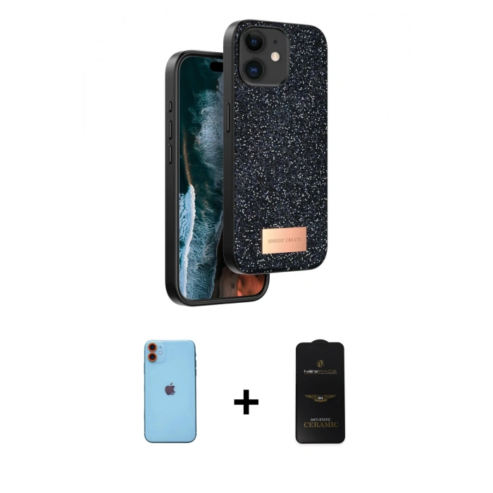 MARSİLYAN™- iPhone 11 Kılıf Vadi Klasik Serisi - Siyah 6D Antistatik Mat Seramik Hayalet Nano Ekran Koruyucu + Neon Fosforlu Kamera Lens - TU