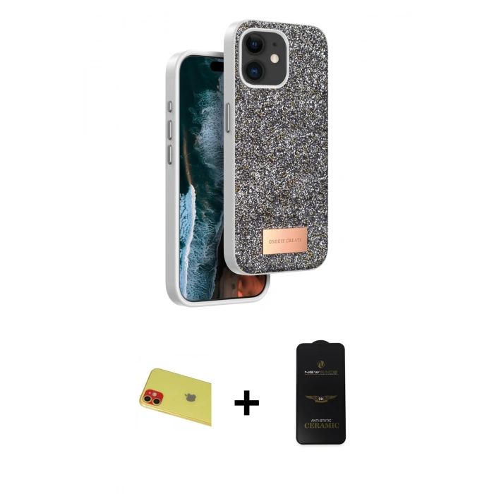 MARSİLYAN™- iPhone 11 Kılıf Vadi Klasik Serisi - Siyah 6D Antistatik Mat Seramik Hayalet Nano Ekran Koruyucu + Rainbow Kamera Lens Koruma Cam - KI