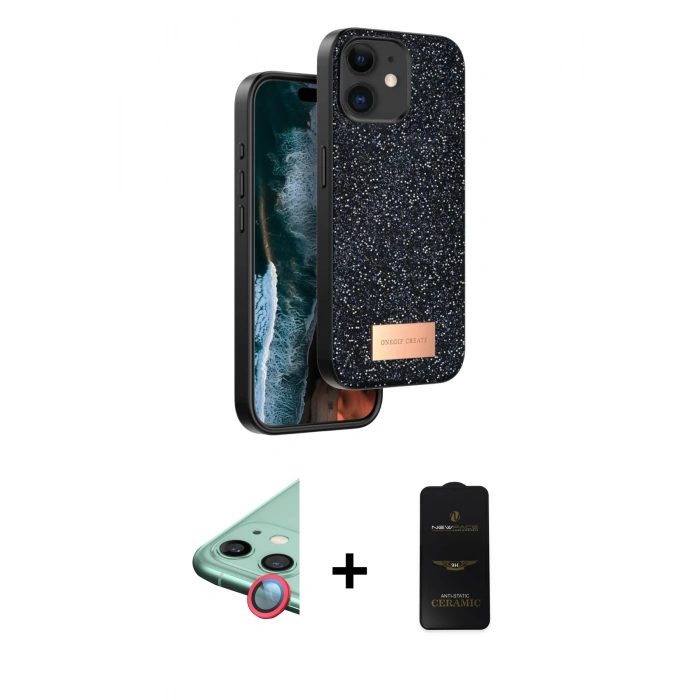 MARSİLYAN™- iPhone 11 Kılıf Vadi Klasik Serisi - Siyah 6D Antistatik Mat Seramik Hayalet Nano Ekran Koruyucu + Raze Metal Kamera Lens - KI
