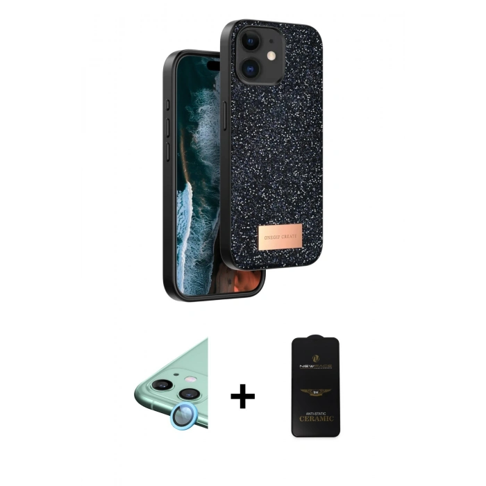 MARSİLYAN™- iPhone 11 Kılıf Vadi Klasik Serisi - Siyah 6D Antistatik Mat Seramik Hayalet Nano Ekran Koruyucu + Raze Metal Kamera Lens - MI