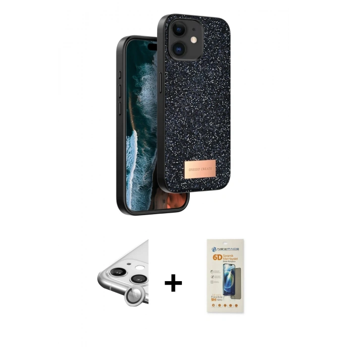 MARSİLYAN™- iPhone 11 Kılıf Vadi Klasik Serisi - Siyah 6D Mat Seramik Hayalet Nano Ekran Koruyucu + Raze Metal Kamera Lens - GS