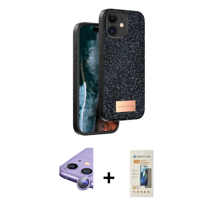 MARSİLYAN™- iPhone 11 Kılıf Vadi Klasik Serisi - Siyah 6D Mat Seramik Hayalet Nano Ekran Koruyucu + Raze Metal Kamera Lens - MR