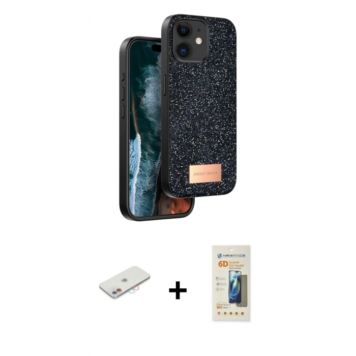 MARSİLYAN™- iPhone 11 Kılıf Vadi Klasik Serisi - Siyah 6D Mat Seramik Hayalet Nano Ekran Koruyucu + Renkli Kamera Lens Koruma Cam - PE