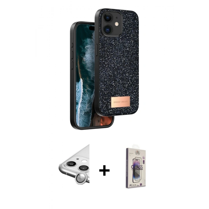 MARSİLYAN™- iPhone 11 Kılıf Vadi Klasik Serisi - Siyah Bilvis 3D Cam Ekran Koruyucu + Raze Metal Kamera Lens - GS