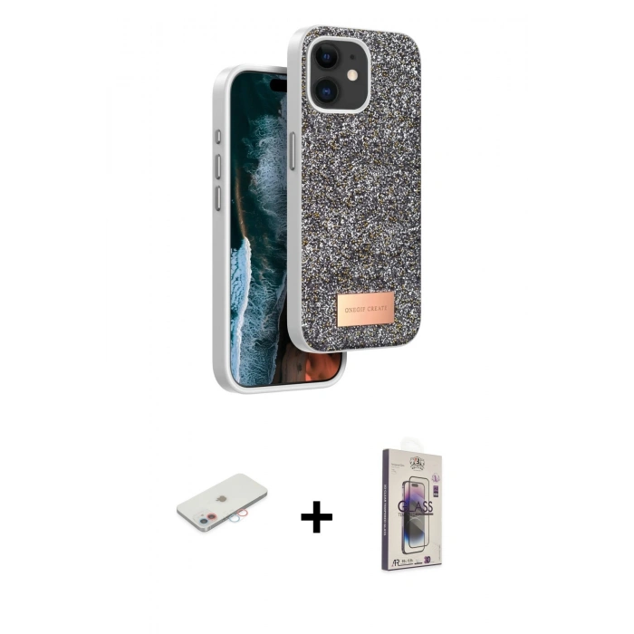 MARSİLYAN™- iPhone 11 Kılıf Vadi Klasik Serisi - Siyah Bilvis 3D Cam Ekran Koruyucu + Renkli Kamera Lens Koruma Cam - PE