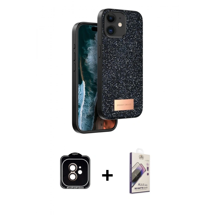 MARSİLYAN™- iPhone 11 Kılıf Vadi Klasik Serisi - Siyah Bilvis 3D Mat Cam Ekran Koruyucu + PVD Metal Kamera Lens - TU
