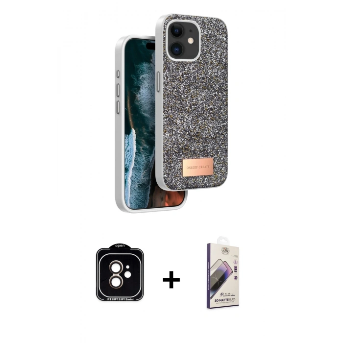 MARSİLYAN™- iPhone 11 Kılıf Vadi Klasik Serisi - Siyah Bilvis 3D Mat Cam Ekran Koruyucu + PVD Metal Kamera Lens - TU