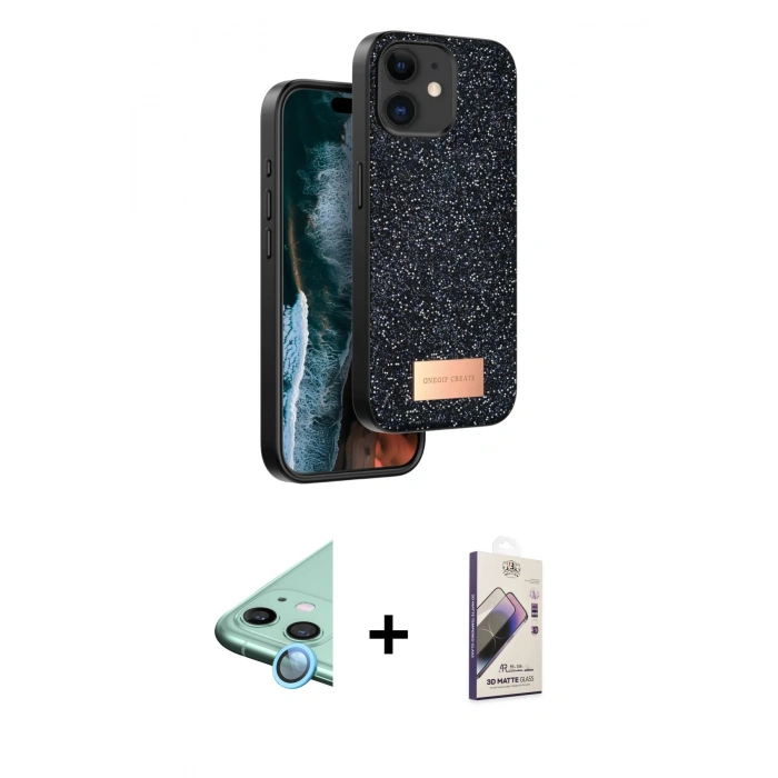 MARSİLYAN™- iPhone 11 Kılıf Vadi Klasik Serisi - Siyah Bilvis 3D Mat Cam Ekran Koruyucu + Raze Metal Kamera Lens - MI