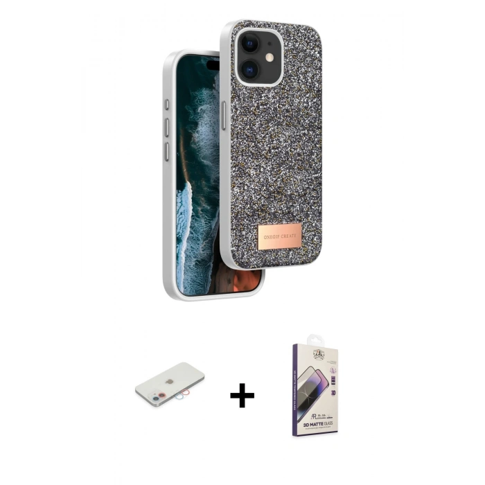 MARSİLYAN™- iPhone 11 Kılıf Vadi Klasik Serisi - Siyah Bilvis 3D Mat Cam Ekran Koruyucu + Renkli Kamera Lens Koruma Cam - PE