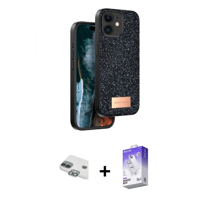MARSİLYAN™- iPhone 11 Kılıf Vadi Klasik Serisi - Siyah Bilvis 5in1 3D Magic Cam Ekran Koruyucu + Pers Alüminyum Kamera Lens - YL
