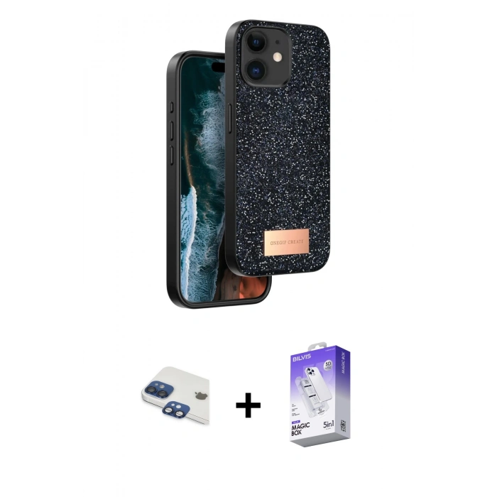 MARSİLYAN™- iPhone 11 Kılıf Vadi Klasik Serisi - Siyah Bilvis 5in1 3D Magic Cam Ekran Koruyucu + Pers Alüminyum Kamera Lens - LT