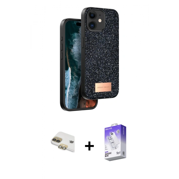 MARSİLYAN™- iPhone 11 Kılıf Vadi Klasik Serisi - Siyah Bilvis 5in1 3D Magic Cam Ekran Koruyucu + Pers Alüminyum Kamera Lens - GD