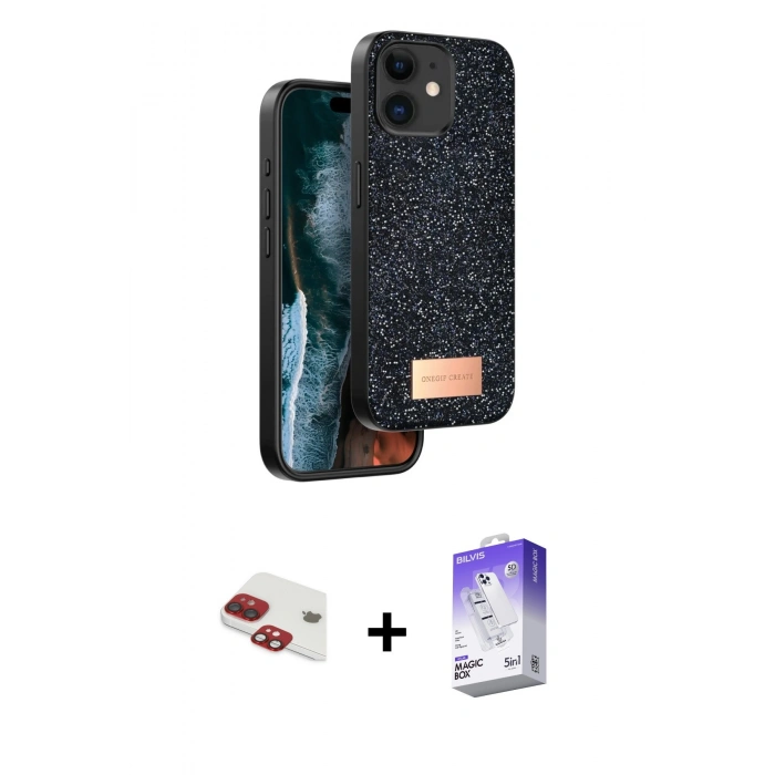 MARSİLYAN™- iPhone 11 Kılıf Vadi Klasik Serisi - Siyah Bilvis 5in1 3D Magic Cam Ekran Koruyucu + Pers Alüminyum Kamera Lens - KI