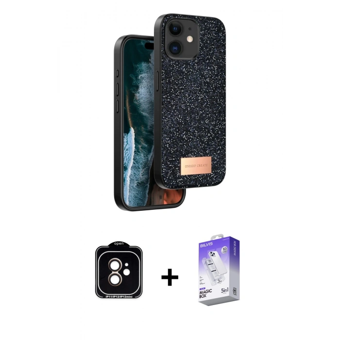 MARSİLYAN™- iPhone 11 Kılıf Vadi Klasik Serisi - Siyah Bilvis 5in1 3D Magic Cam Ekran Koruyucu + PVD Metal Kamera Lens - TU