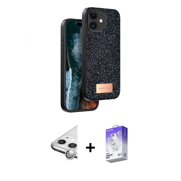 MARSİLYAN™- iPhone 11 Kılıf Vadi Klasik Serisi - Siyah Bilvis 5in1 3D Magic Cam Ekran Koruyucu + Raze Metal Kamera Lens - GS