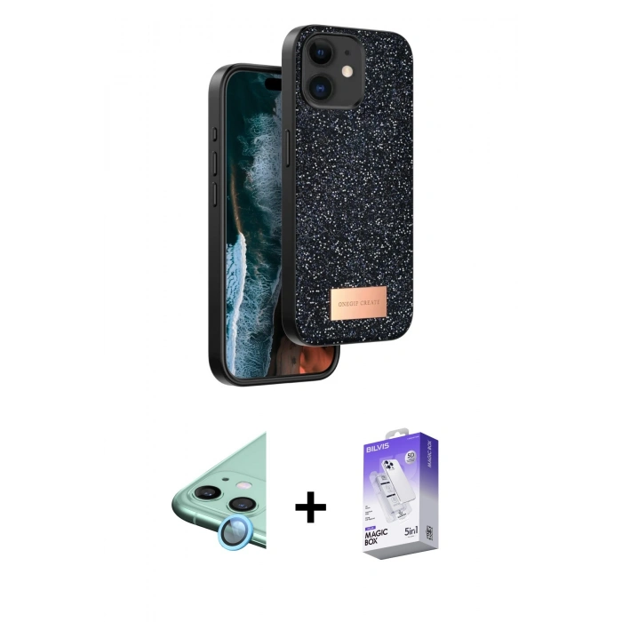 MARSİLYAN™- iPhone 11 Kılıf Vadi Klasik Serisi - Siyah Bilvis 5in1 3D Magic Cam Ekran Koruyucu + Raze Metal Kamera Lens - MI