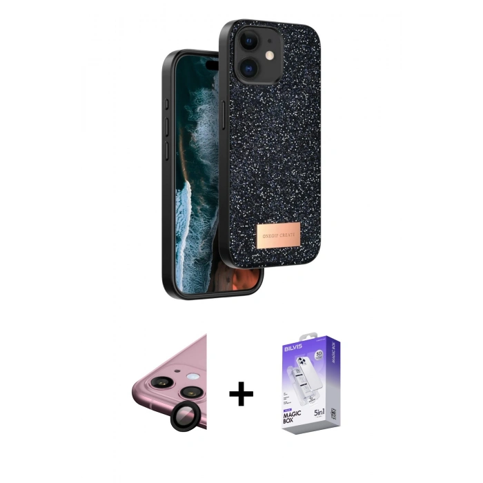 MARSİLYAN™- iPhone 11 Kılıf Vadi Klasik Serisi - Siyah Bilvis 5in1 3D Magic Cam Ekran Koruyucu + Raze Metal Kamera Lens - SH