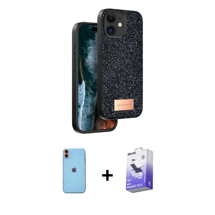 MARSİLYAN™- iPhone 11 Kılıf Vadi Klasik Serisi - Siyah Bilvis 5in1 5D Magic Hayalet Cam Ekran Koruyucu + Neon Fosforlu Kamera Lens - TU