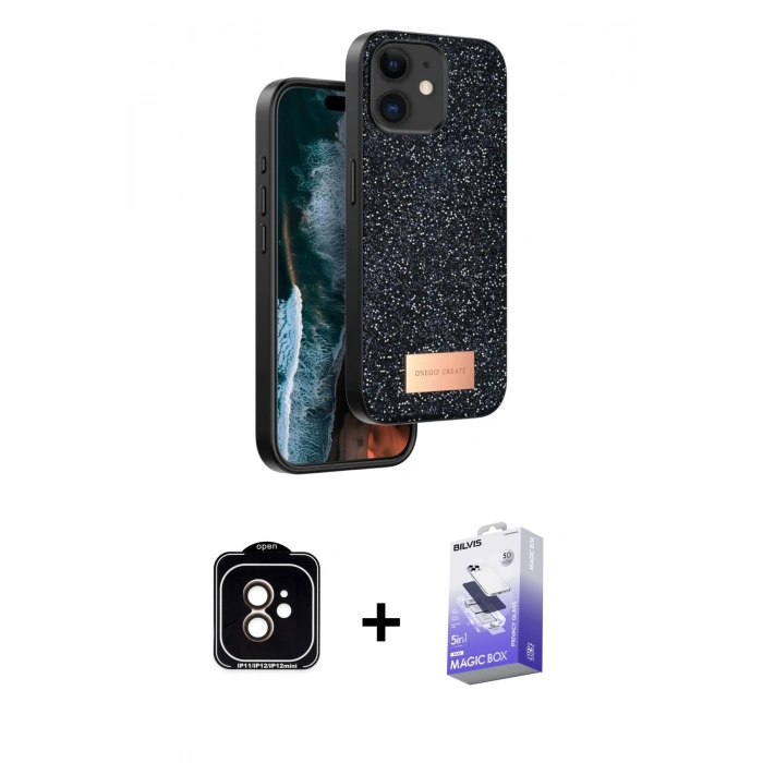 MARSİLYAN™- iPhone 11 Kılıf Vadi Klasik Serisi - Siyah Bilvis 5in1 5D Magic Hayalet Cam Ekran Koruyucu + PVD Metal Kamera Lens - TU