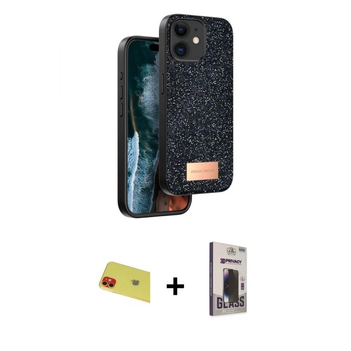 MARSİLYAN™- iPhone 11 Kılıf Vadi Klasik Serisi - Siyah Bilvis Hayalet Cam Ekran Koruyucu + Rainbow Kamera Lens Koruma Cam - KI