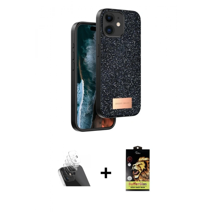 MARSİLYAN™- iPhone 11 Kılıf Vadi Klasik Serisi - Siyah Buffer Cam Ekran Koruyucu + Kamera Lens Koruma Cam - SF