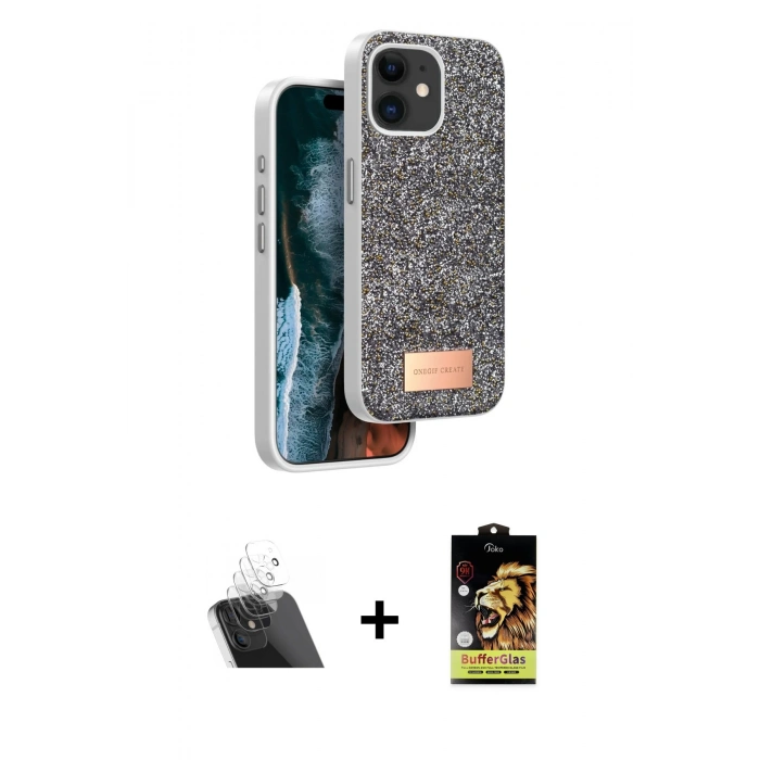 MARSİLYAN™- iPhone 11 Kılıf Vadi Klasik Serisi - Siyah Buffer Cam Ekran Koruyucu + Kamera Lens Koruma Cam - SF