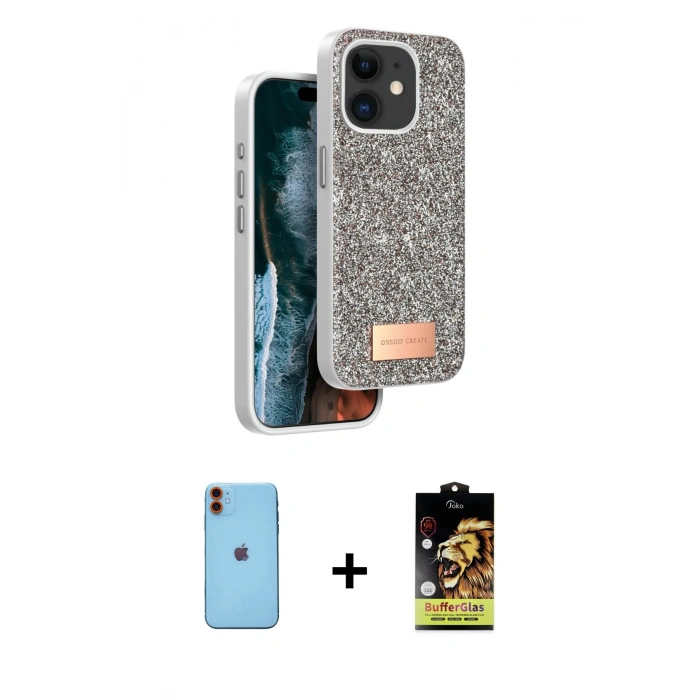MARSİLYAN™- iPhone 11 Kılıf Vadi Klasik Serisi - Siyah Buffer Cam Ekran Koruyucu + Neon Fosforlu Kamera Lens - TU