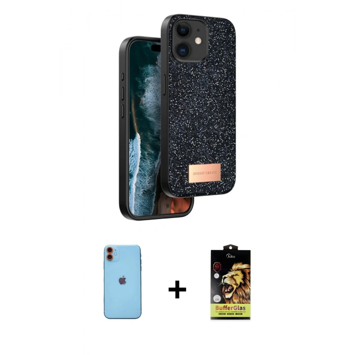 MARSİLYAN™- iPhone 11 Kılıf Vadi Klasik Serisi - Siyah Buffer Cam Ekran Koruyucu + Neon Fosforlu Kamera Lens - TU