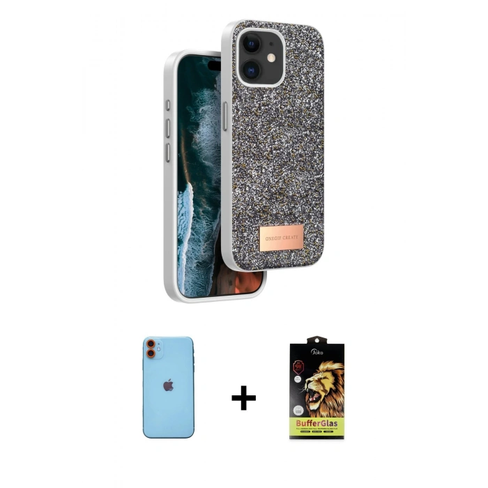 MARSİLYAN™- iPhone 11 Kılıf Vadi Klasik Serisi - Siyah Buffer Cam Ekran Koruyucu + Neon Fosforlu Kamera Lens - TU