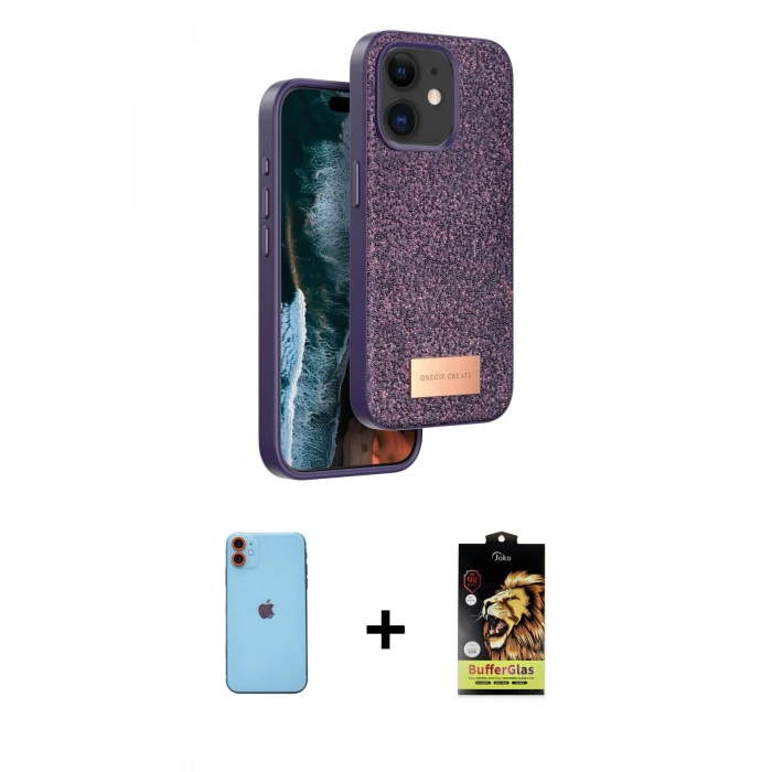MARSİLYAN™- iPhone 11 Kılıf Vadi Klasik Serisi - Siyah Buffer Cam Ekran Koruyucu + Neon Fosforlu Kamera Lens - TU