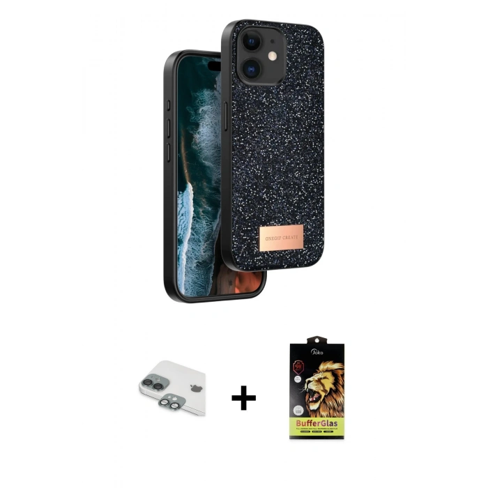 MARSİLYAN™- iPhone 11 Kılıf Vadi Klasik Serisi - Siyah Buffer Cam Ekran Koruyucu + Pers Alüminyum Kamera Lens - YL
