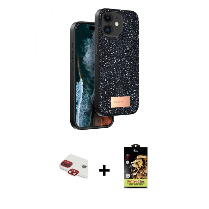 MARSİLYAN™- iPhone 11 Kılıf Vadi Klasik Serisi - Siyah Buffer Cam Ekran Koruyucu + Pers Alüminyum Kamera Lens - KI