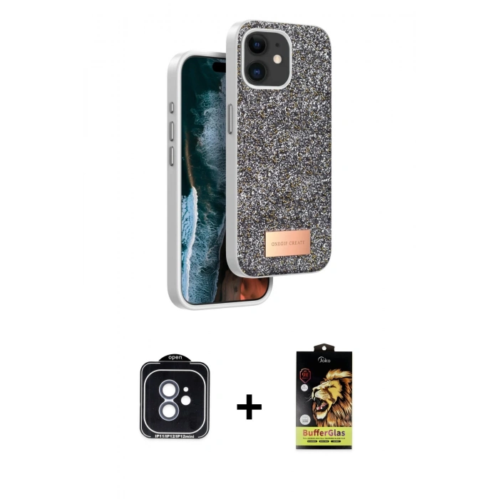 MARSİLYAN™- iPhone 11 Kılıf Vadi Klasik Serisi - Siyah Buffer Cam Ekran Koruyucu + PVD Metal Kamera Lens - MI