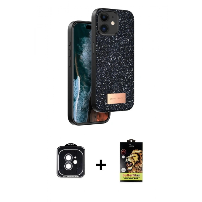 MARSİLYAN™- iPhone 11 Kılıf Vadi Klasik Serisi - Siyah Buffer Cam Ekran Koruyucu + PVD Metal Kamera Lens - SH