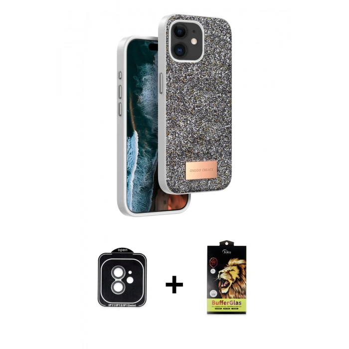 MARSİLYAN™- iPhone 11 Kılıf Vadi Klasik Serisi - Siyah Buffer Cam Ekran Koruyucu + PVD Metal Kamera Lens - YL