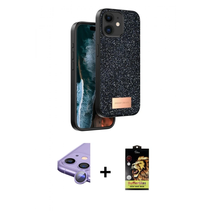 MARSİLYAN™- iPhone 11 Kılıf Vadi Klasik Serisi - Siyah Buffer Cam Ekran Koruyucu + Raze Metal Kamera Lens - MR