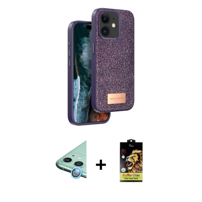 MARSİLYAN™- iPhone 11 Kılıf Vadi Klasik Serisi - Siyah Buffer Cam Ekran Koruyucu + Raze Metal Kamera Lens - MI