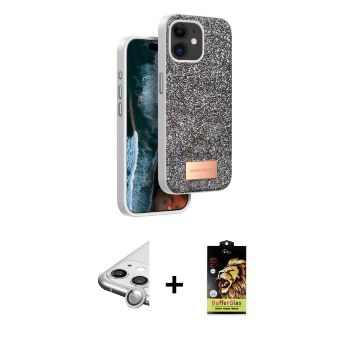 MARSİLYAN™- iPhone 11 Kılıf Vadi Klasik Serisi - Siyah Buffer Cam Ekran Koruyucu + Raze Metal Kamera Lens - GS