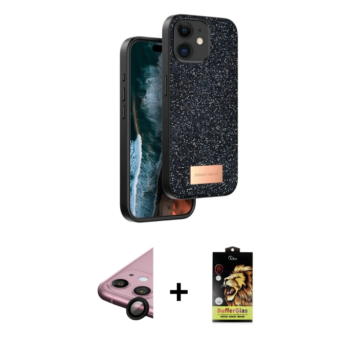 MARSİLYAN™- iPhone 11 Kılıf Vadi Klasik Serisi - Siyah Buffer Cam Ekran Koruyucu + Raze Metal Kamera Lens - SH