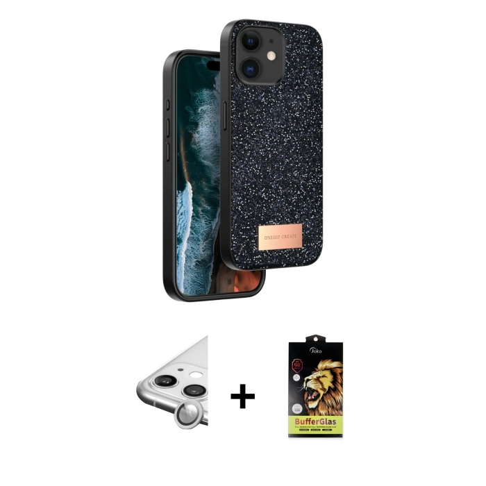 MARSİLYAN™- iPhone 11 Kılıf Vadi Klasik Serisi - Siyah Buffer Cam Ekran Koruyucu + Raze Metal Kamera Lens - GS